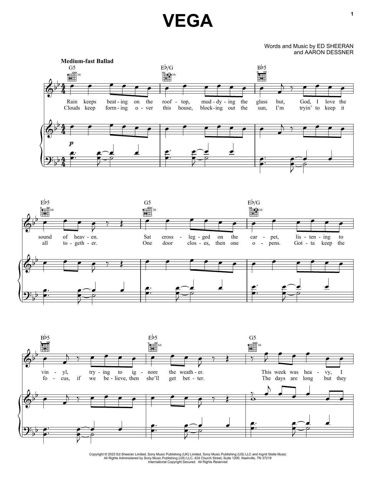 Ed Sheeran Vega sheet music notes and chords arranged for Piano, Vocal & Guitar Chords (Right-Hand Melody)