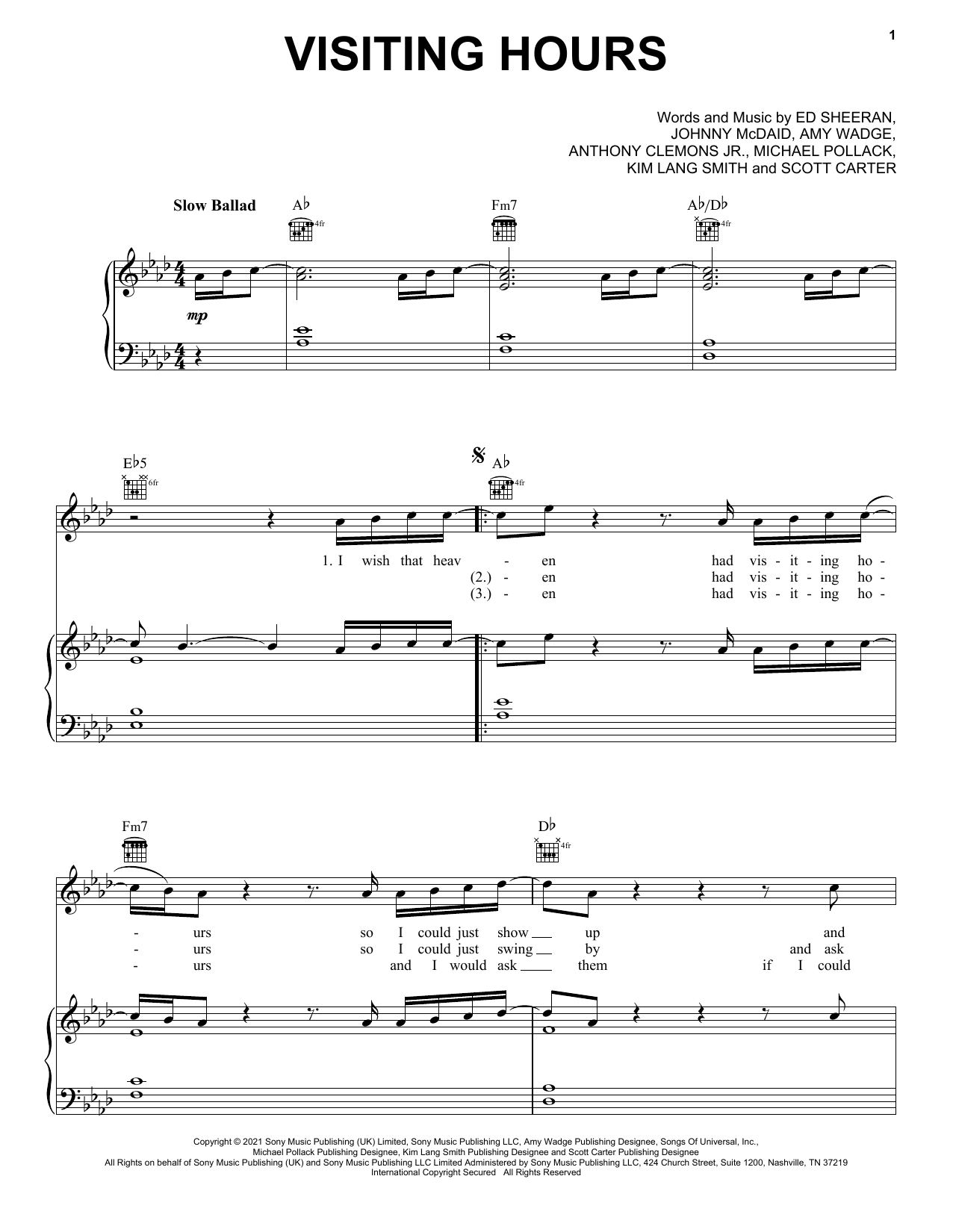 Ed Sheeran Visiting Hours sheet music notes and chords arranged for Easy Piano