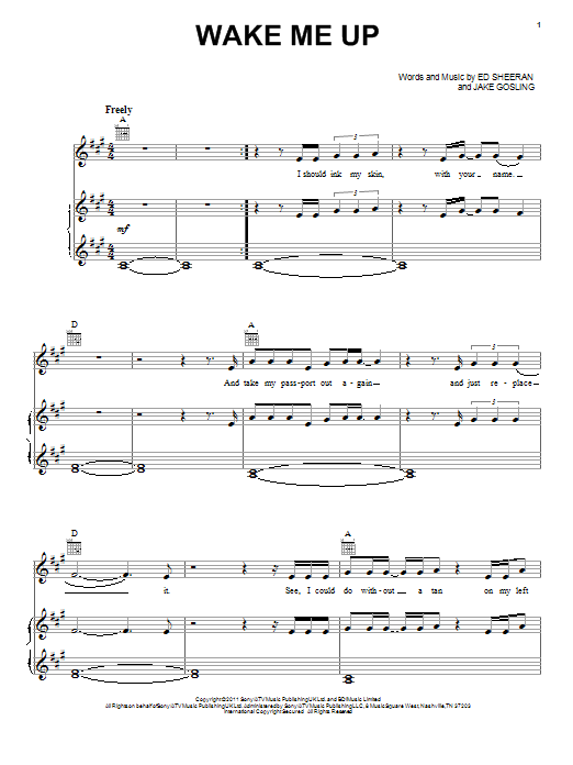 Ed Sheeran Wake Me Up sheet music notes and chords arranged for Piano, Vocal & Guitar Chords
