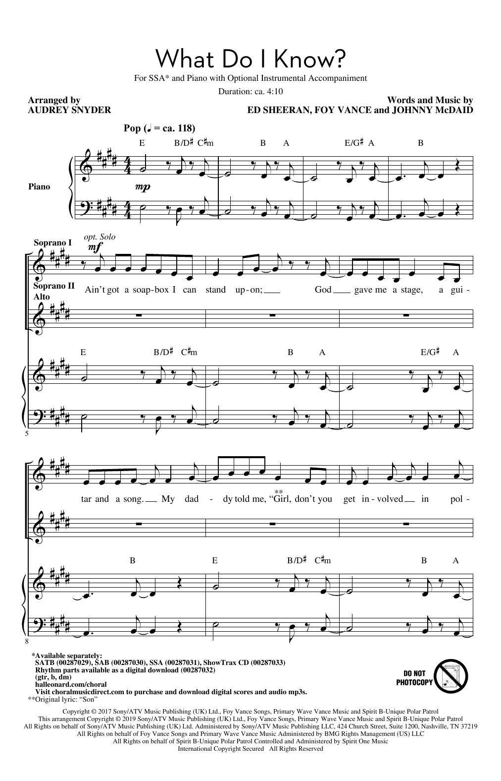 Ed Sheeran What Do I Know? (arr. Audrey Snyder) sheet music notes and chords arranged for SAB Choir