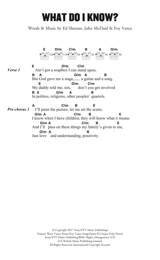 Ed Sheeran What Do I Know? sheet music notes and chords arranged for Piano, Vocal & Guitar Chords (Right-Hand Melody)