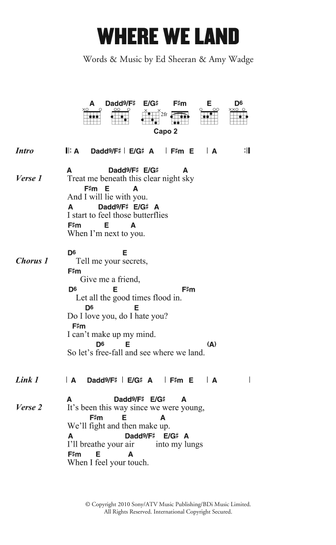 Ed Sheeran Where We Land sheet music notes and chords arranged for Guitar Chords/Lyrics