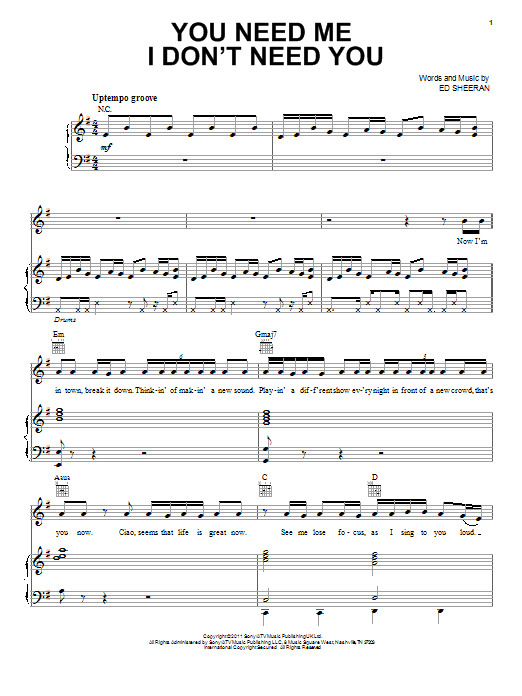Ed Sheeran You Need Me, I Don't Need You sheet music notes and chords arranged for Really Easy Piano