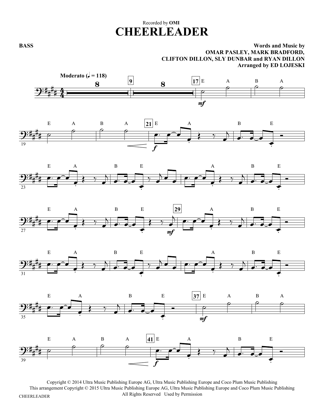 Ed Lojeski Cheerleader - Bass sheet music notes and chords arranged for Choir Instrumental Pak