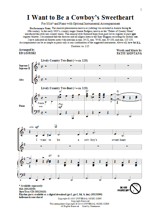 Ed Lojeski I Want To Be A Cowboy's Sweetheart sheet music notes and chords arranged for SSA Choir