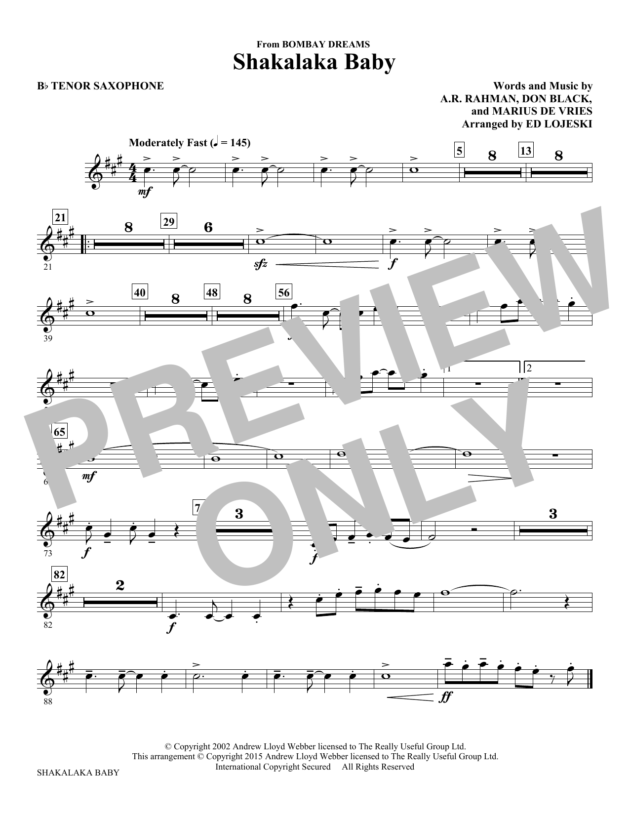 Ed Lojeski Shakalaka Baby (from Bombay Dreams) - Bb Tenor Saxophone sheet music notes and chords. Download Printable PDF.