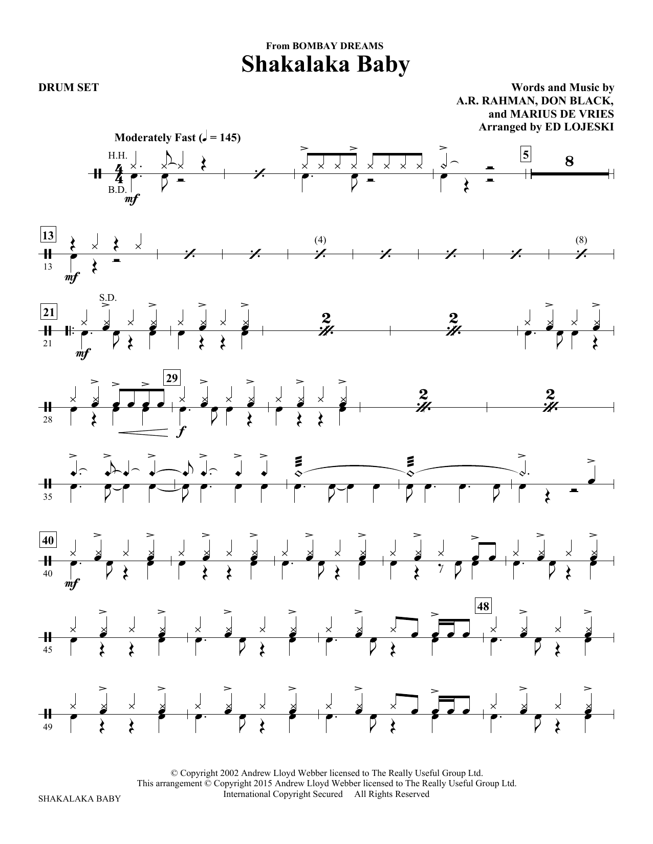 Ed Lojeski Shakalaka Baby (from Bombay Dreams) - Drums sheet music notes and chords. Download Printable PDF.