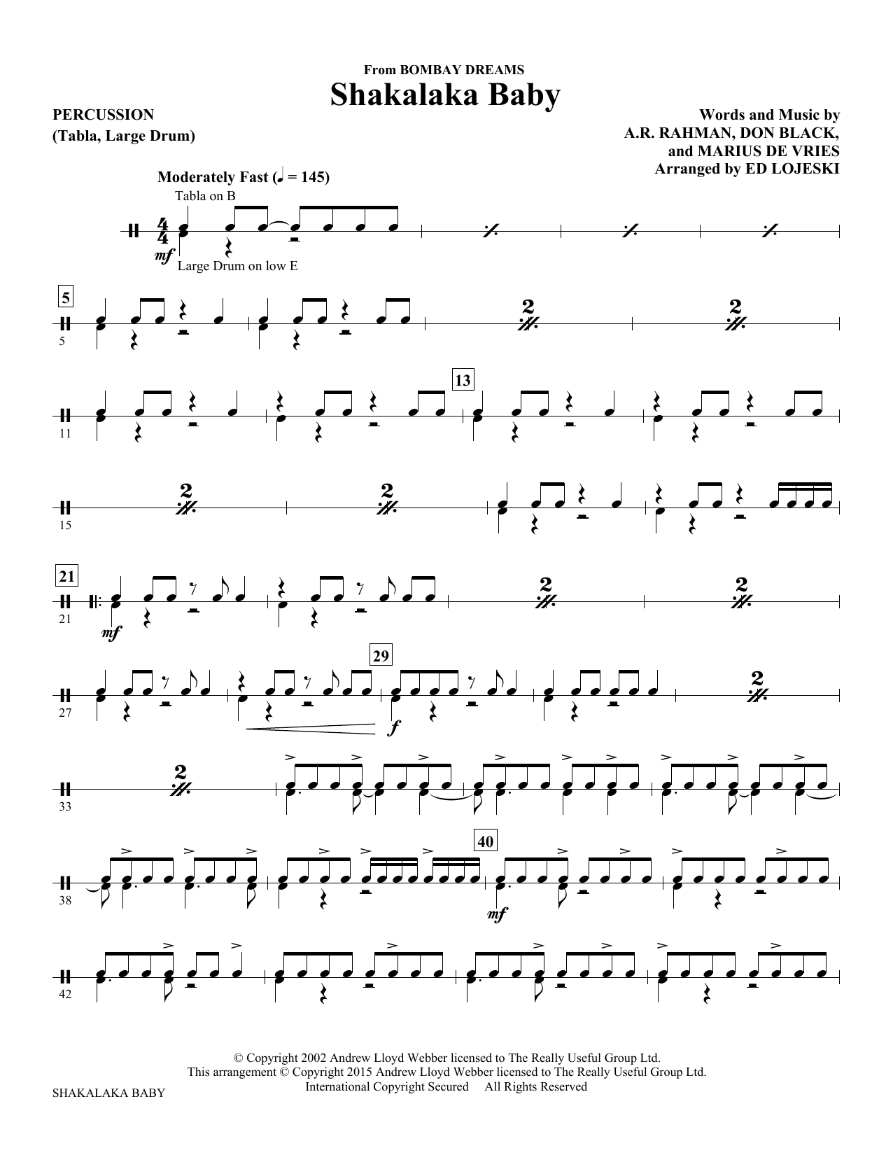 Ed Lojeski Shakalaka Baby (from Bombay Dreams) - Percussion sheet music notes and chords. Download Printable PDF.