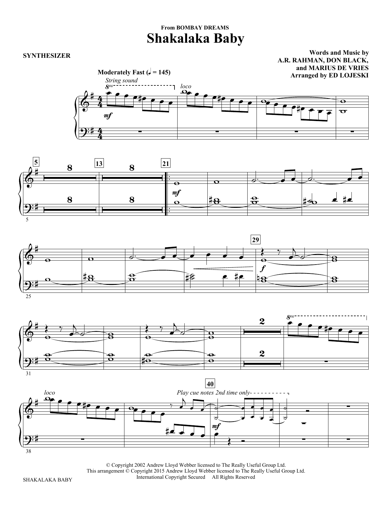 Ed Lojeski Shakalaka Baby (from Bombay Dreams) - Synthesizer sheet music notes and chords. Download Printable PDF.