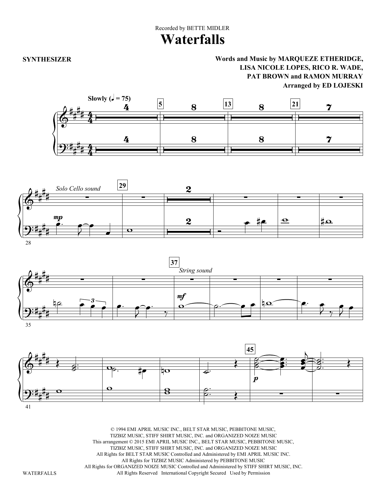 Ed Lojeski Waterfalls - Synthesizer sheet music notes and chords. Download Printable PDF.