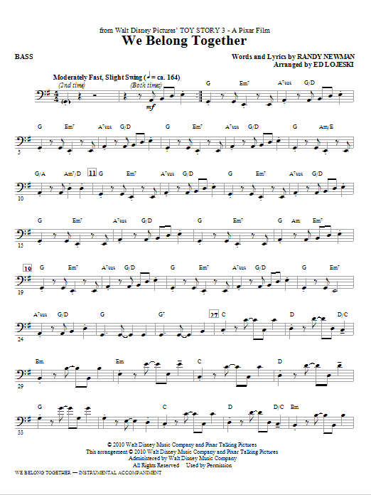 Ed Lojeski We Belong Together (from Toy Story 3) - Bass sheet music notes and chords. Download Printable PDF.