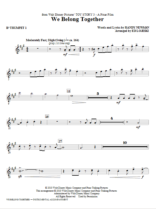 Ed Lojeski We Belong Together (from Toy Story 3) - Bb Trumpet 1 sheet music notes and chords. Download Printable PDF.