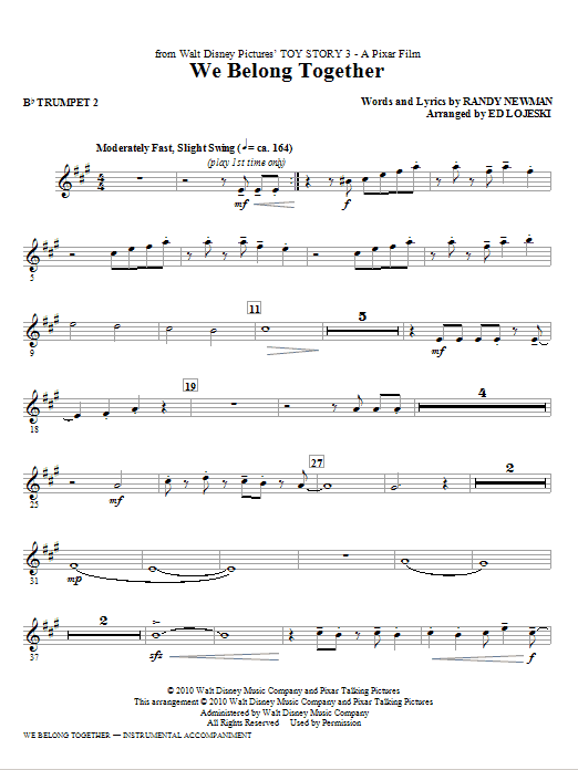 Ed Lojeski We Belong Together (from Toy Story 3) - Bb Trumpet 2 sheet music notes and chords. Download Printable PDF.