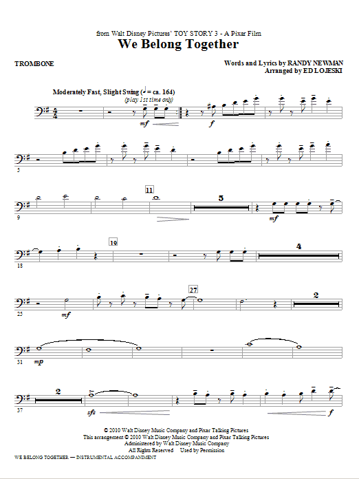 Ed Lojeski We Belong Together (from Toy Story 3) - Trombone sheet music notes and chords. Download Printable PDF.