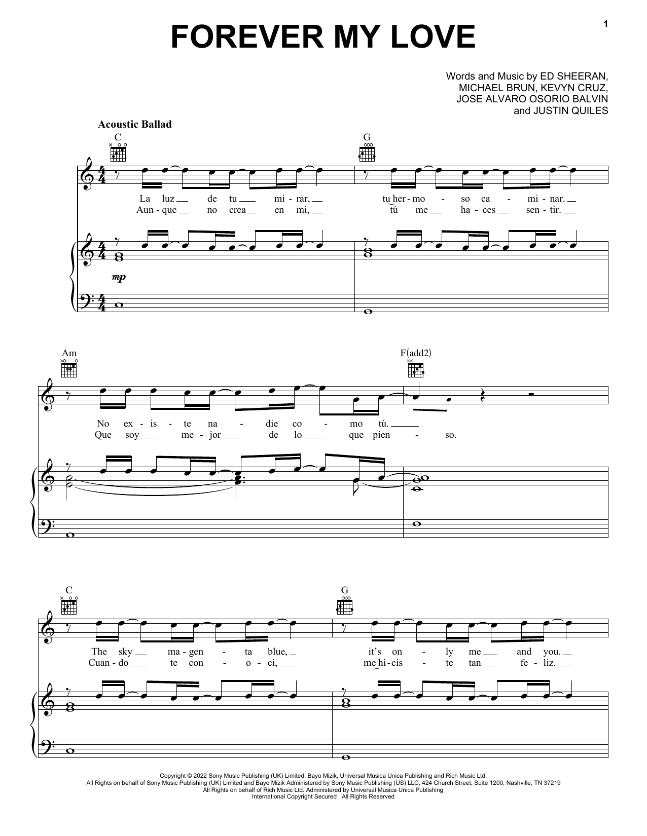 Ed Sheeran & J Balvin Forever My Love sheet music notes and chords arranged for Piano, Vocal & Guitar Chords (Right-Hand Melody)