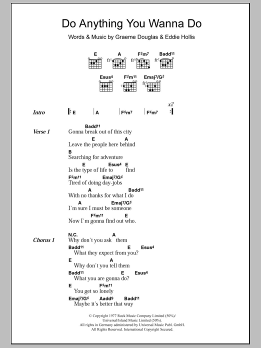 Eddie & The Hotrods Do Anything You Wanna Do sheet music notes and chords arranged for Guitar Chords/Lyrics