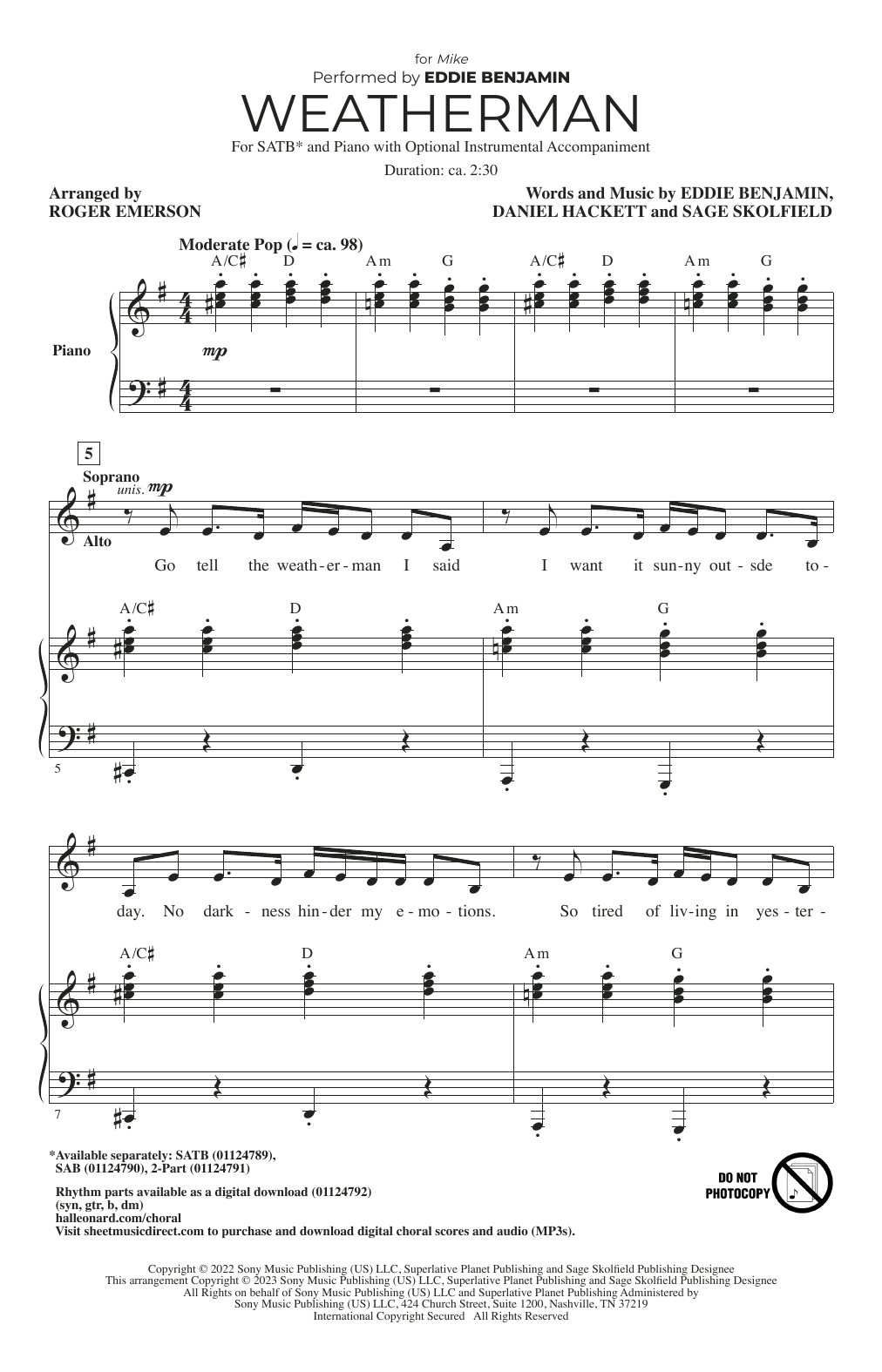 Eddie Benjamin Weatherman (arr. Roger Emerson) sheet music notes and chords arranged for SAB Choir