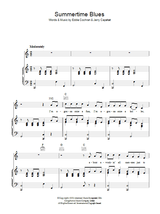 Eddie Cochran Summertime Blues sheet music notes and chords arranged for Clarinet Solo