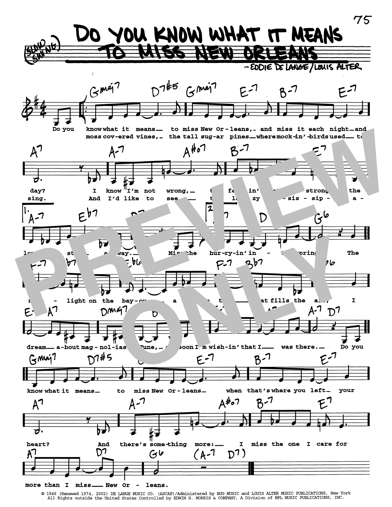 Eddie De Lange Do You Know What It Means To Miss New Orleans (Low Voice) sheet music notes and chords arranged for Real Book – Melody, Lyrics & Chords
