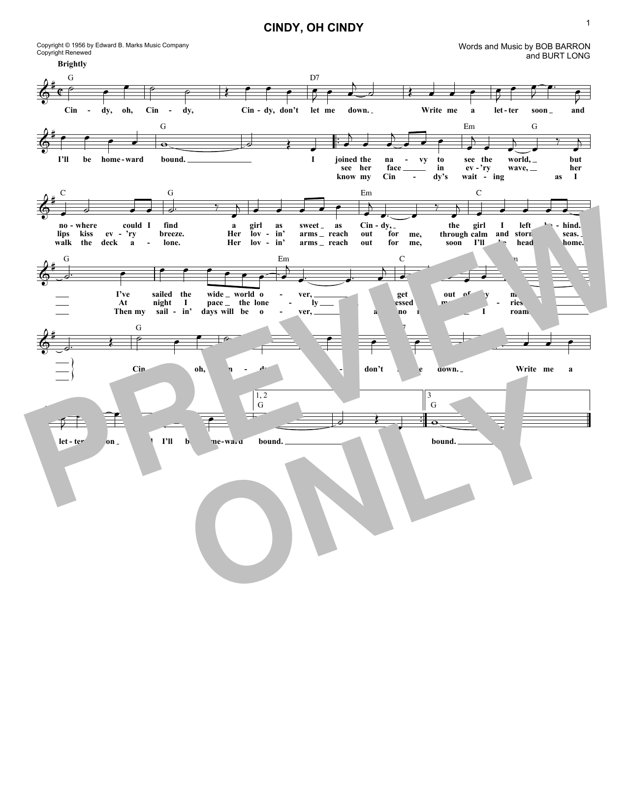 Eddie Fisher Cindy, Oh Cindy sheet music notes and chords arranged for Lead Sheet / Fake Book