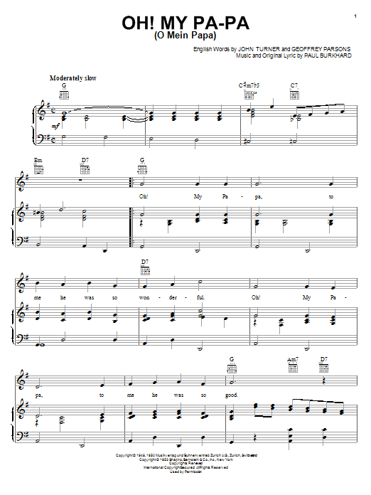 Geoffrey Parsons Oh! My Pa-Pa (O Mein Papa) sheet music notes and chords arranged for Piano, Vocal & Guitar Chords (Right-Hand Melody)