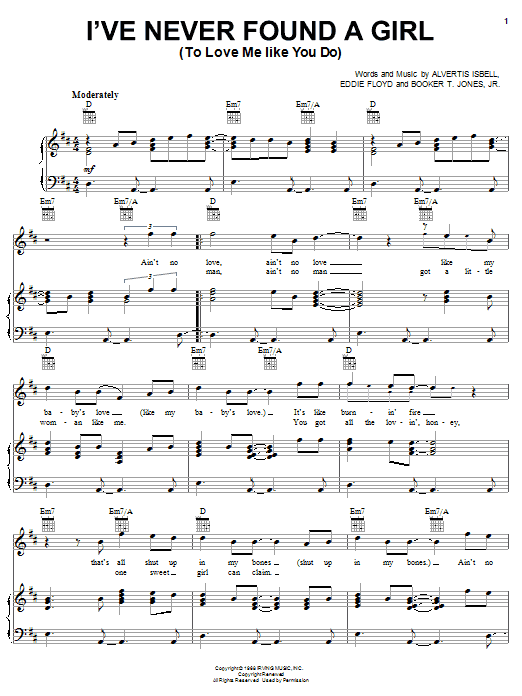 Eddie Floyd I've Never Found A Girl (To Love Me Like You Do) sheet music notes and chords arranged for Piano, Vocal & Guitar Chords (Right-Hand Melody)