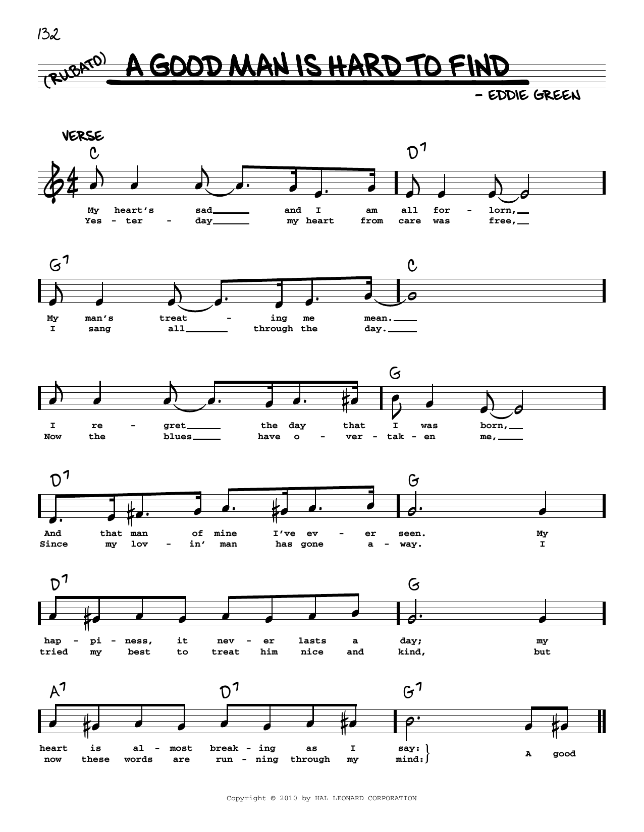 Eddie Green A Good Man Is Hard To Find (arr. Robert Rawlins) sheet music notes and chords arranged for Real Book – Melody, Lyrics & Chords