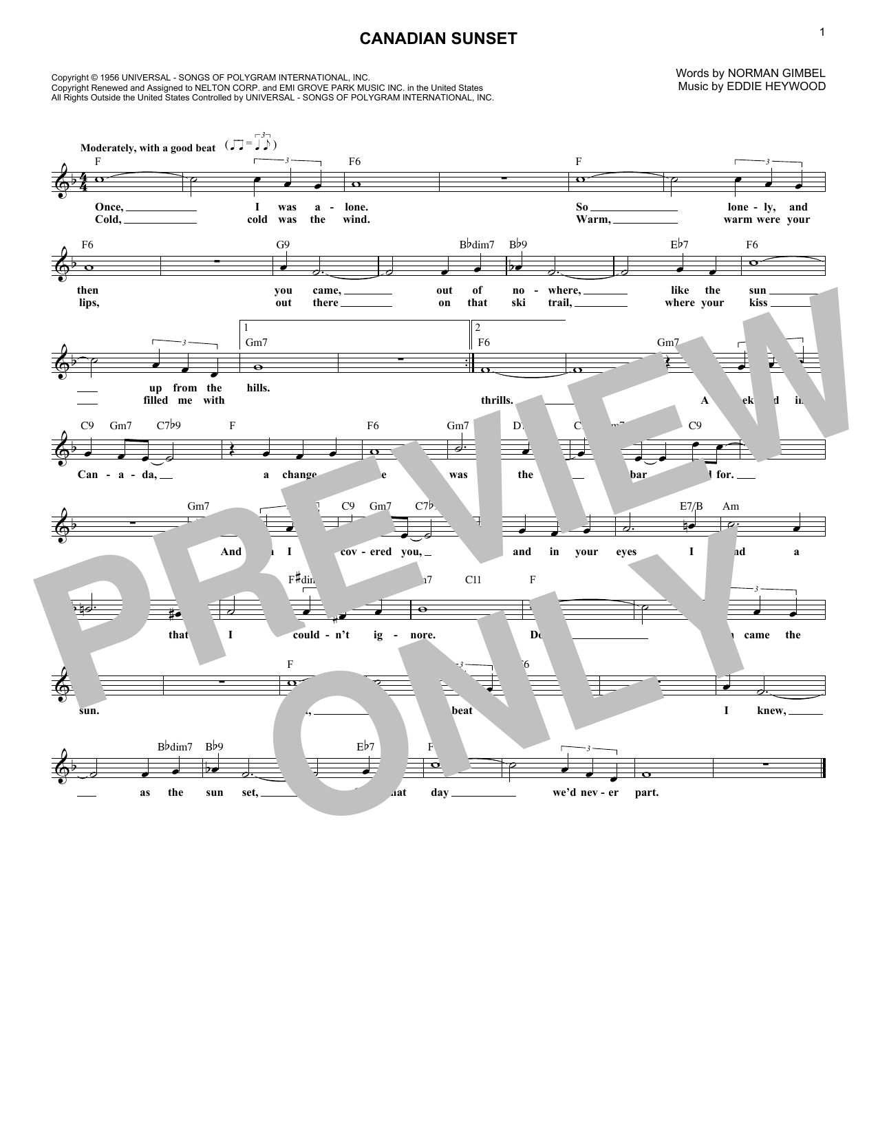 Eddie Heywood Canadian Sunset sheet music notes and chords arranged for Lead Sheet / Fake Book