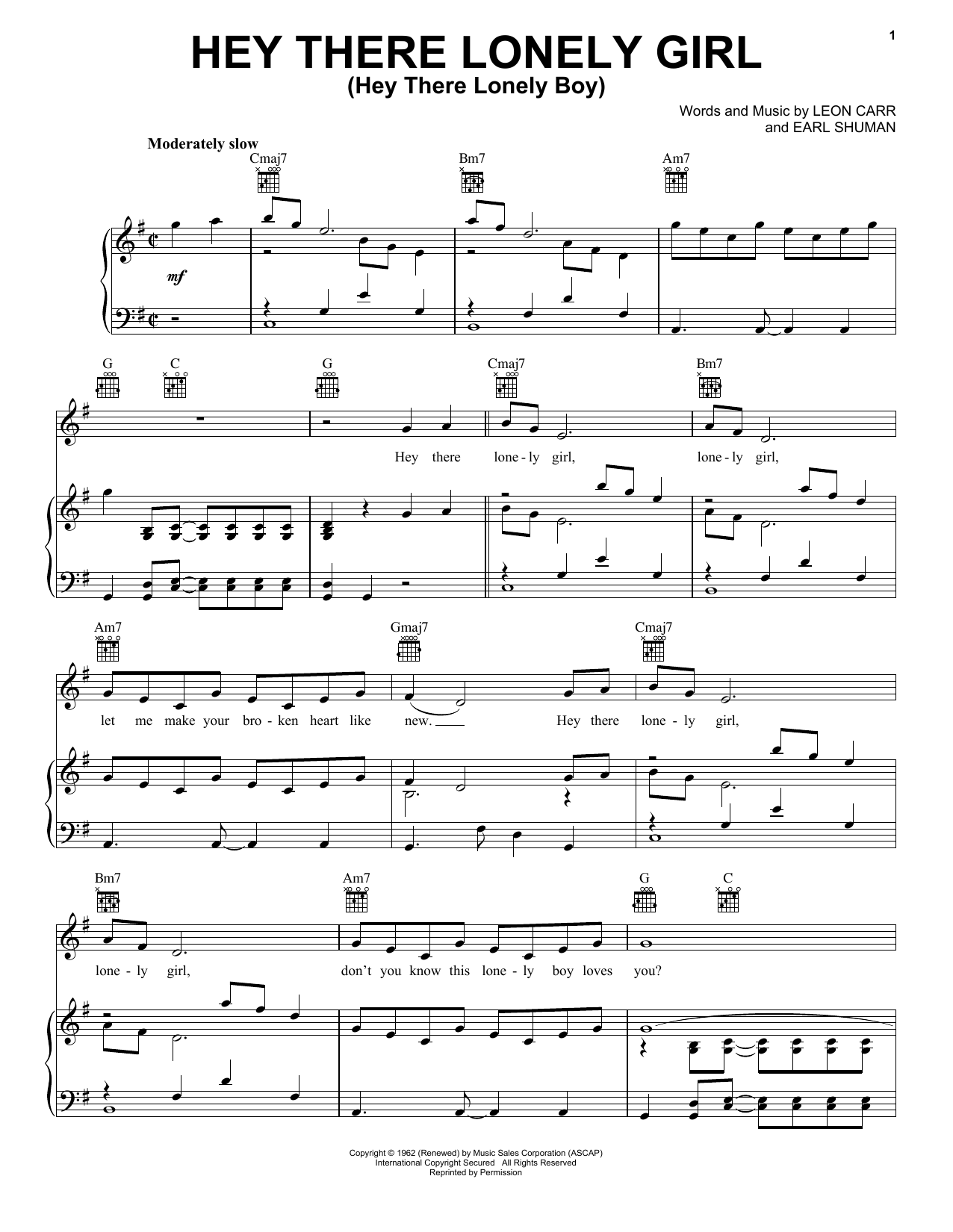Eddie Holman Hey There Lonely Girl (Hey There Lonely Boy) sheet music notes and chords arranged for Piano, Vocal & Guitar Chords (Right-Hand Melody)
