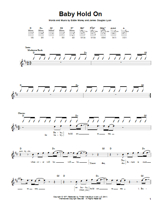 Eddie Money Baby Hold On sheet music notes and chords arranged for Guitar Chords/Lyrics