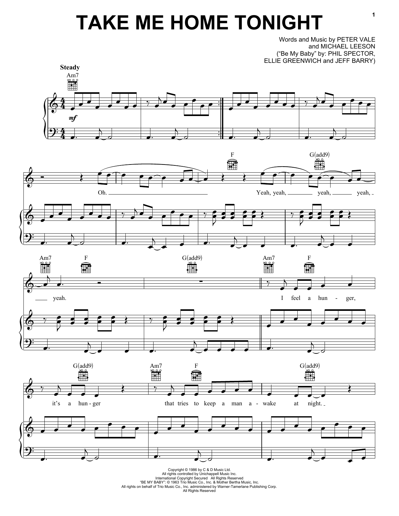 Eddie Money Take Me Home Tonight sheet music notes and chords arranged for Piano, Vocal & Guitar Chords (Right-Hand Melody)