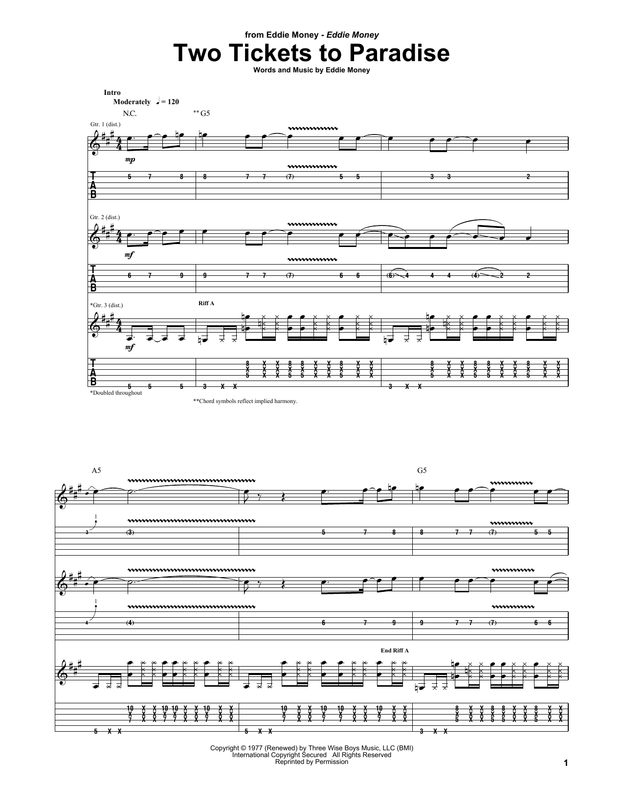 Eddie Money Two Tickets To Paradise sheet music notes and chords arranged for Guitar Lead Sheet