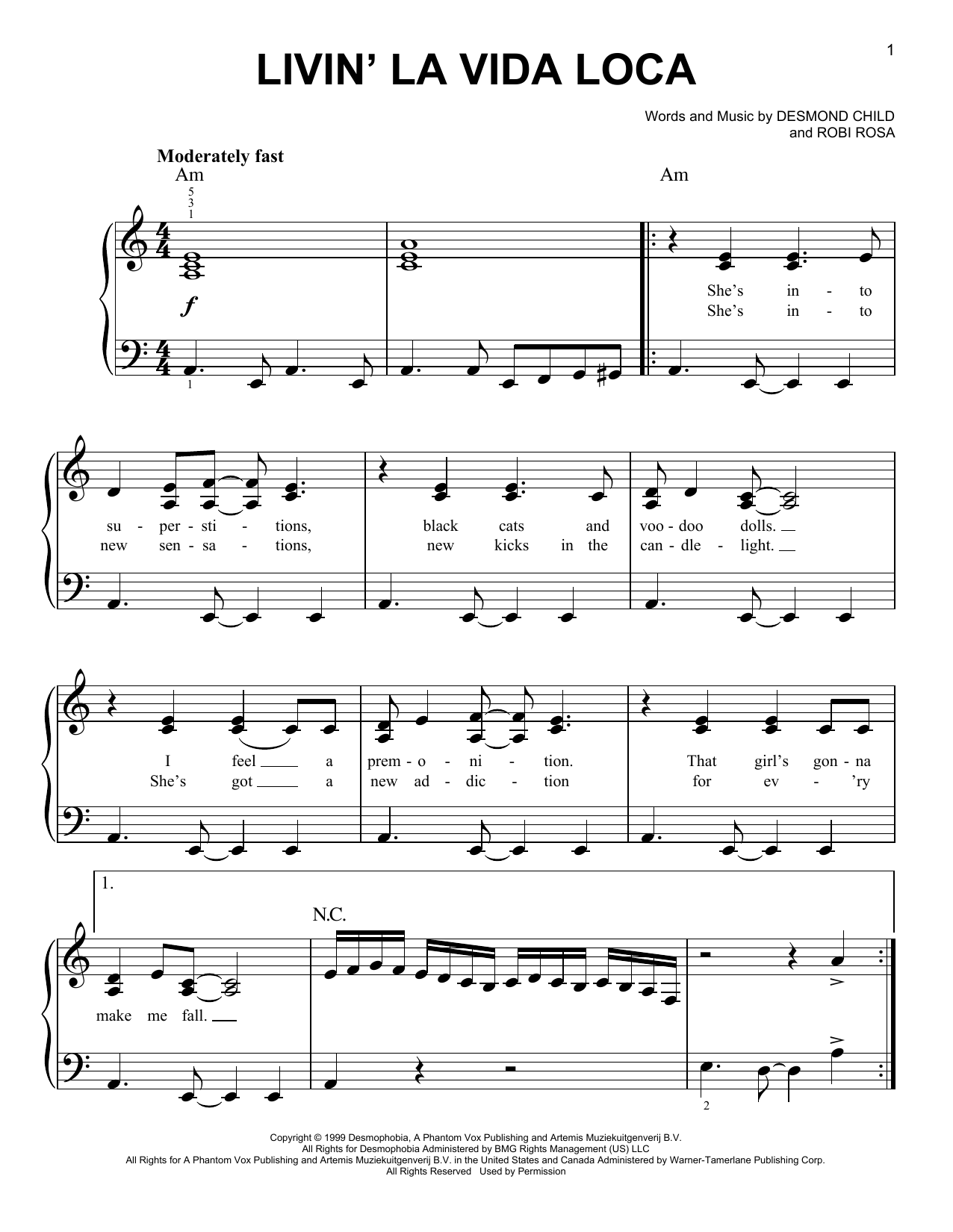 Eddie Murphy Livin' La Vida Loca sheet music notes and chords arranged for Easy Piano