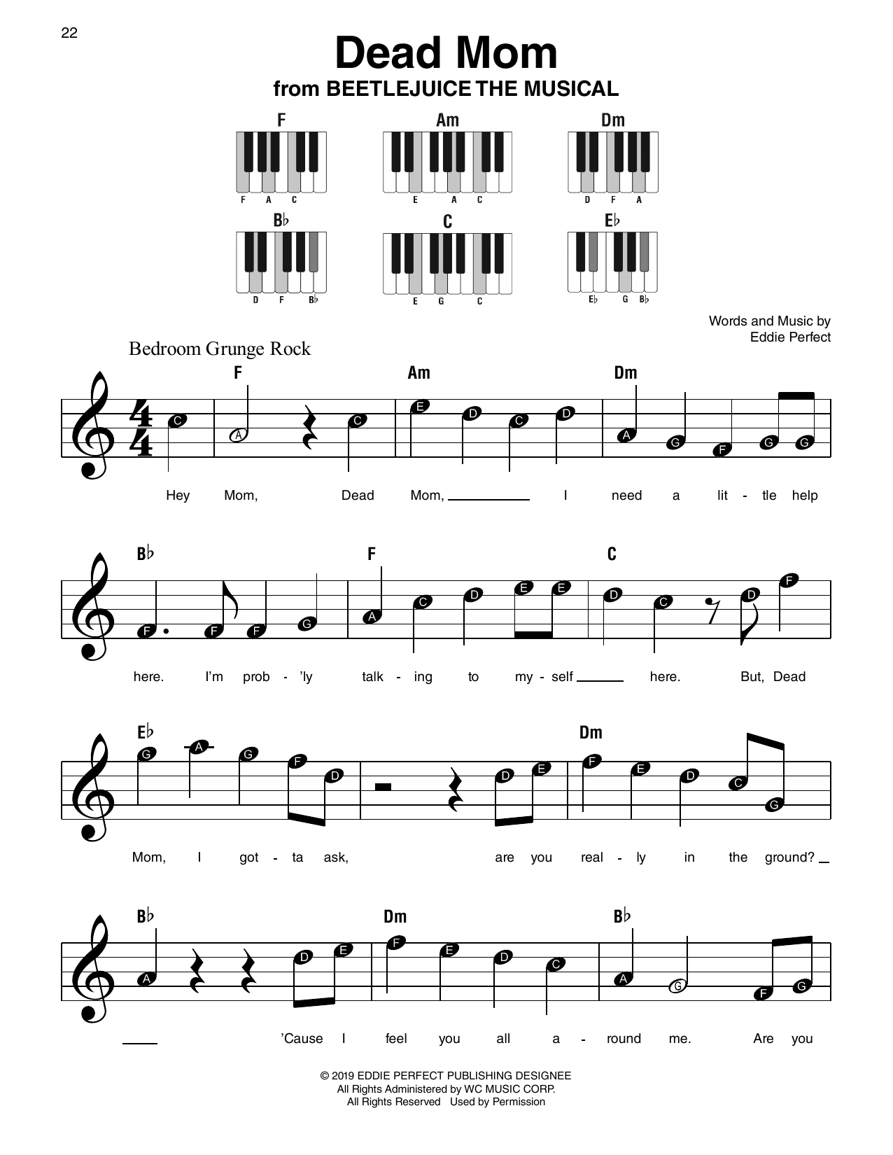 Eddie Perfect Dead Mom (from Beetlejuice) sheet music notes and chords arranged for Super Easy Piano