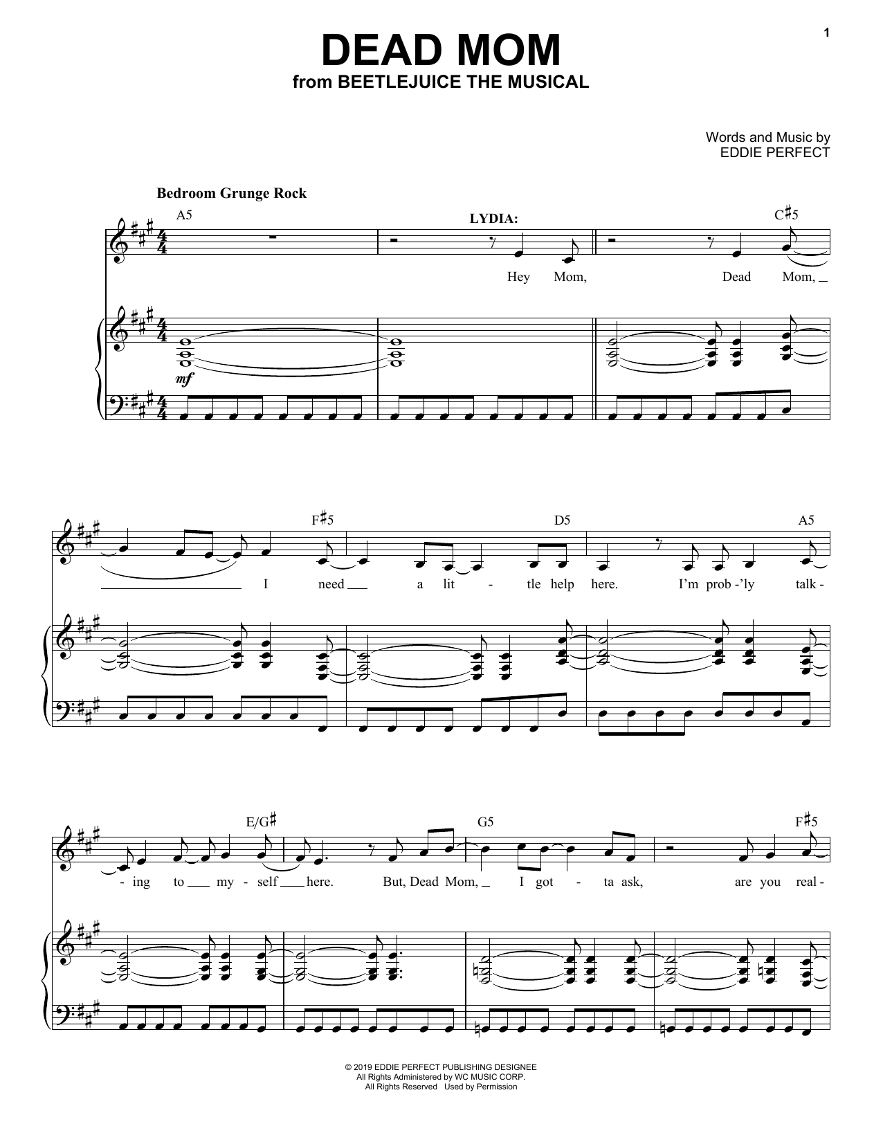 Eddie Perfect Dead Mom (from Beetlejuice The Musical) sheet music notes and chords arranged for Instrumental Solo – Treble Clef Low Range