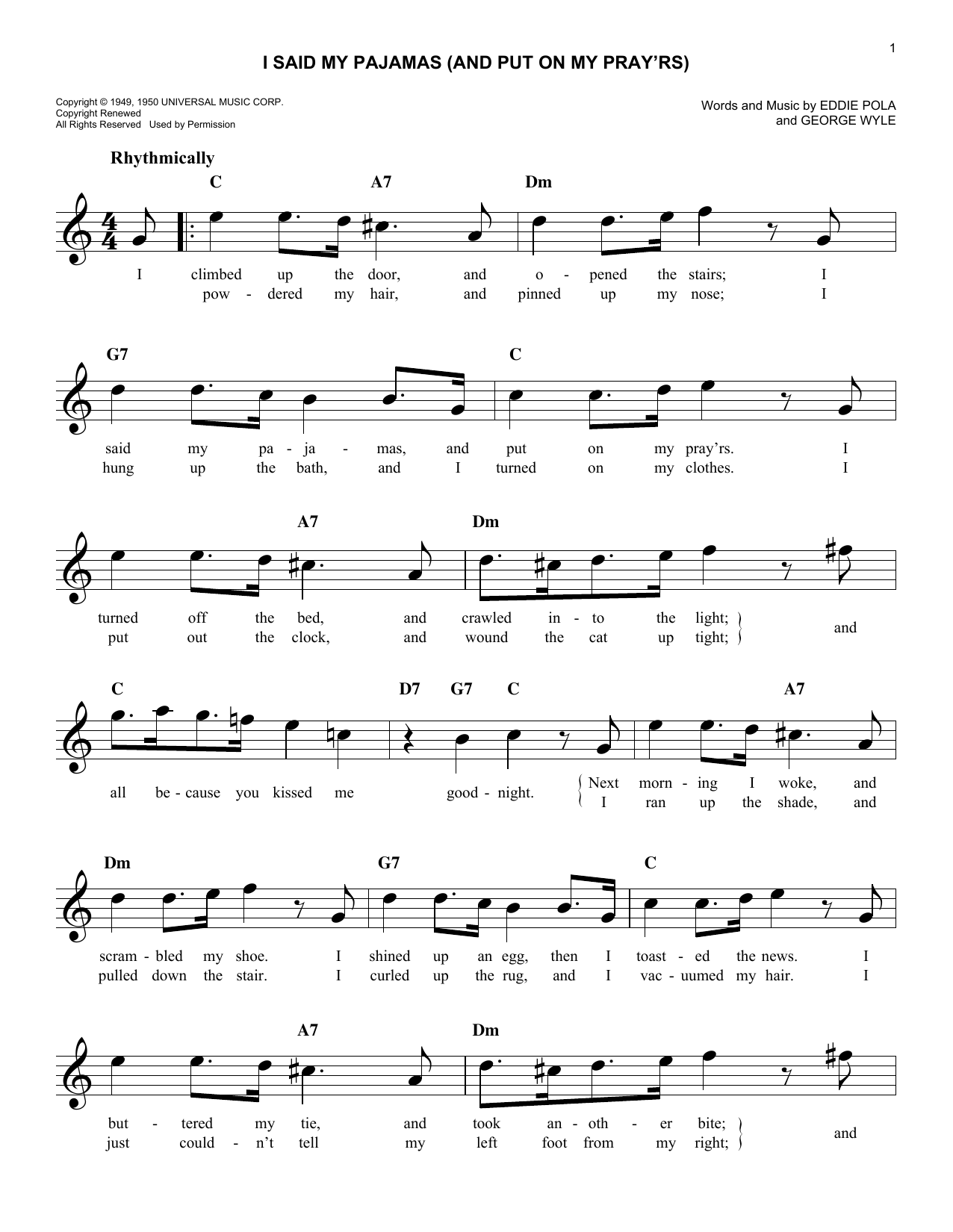 Eddie Pola I Said My Pajamas (And Put On My Pray'rs) sheet music notes and chords arranged for Easy Lead Sheet / Fake Book