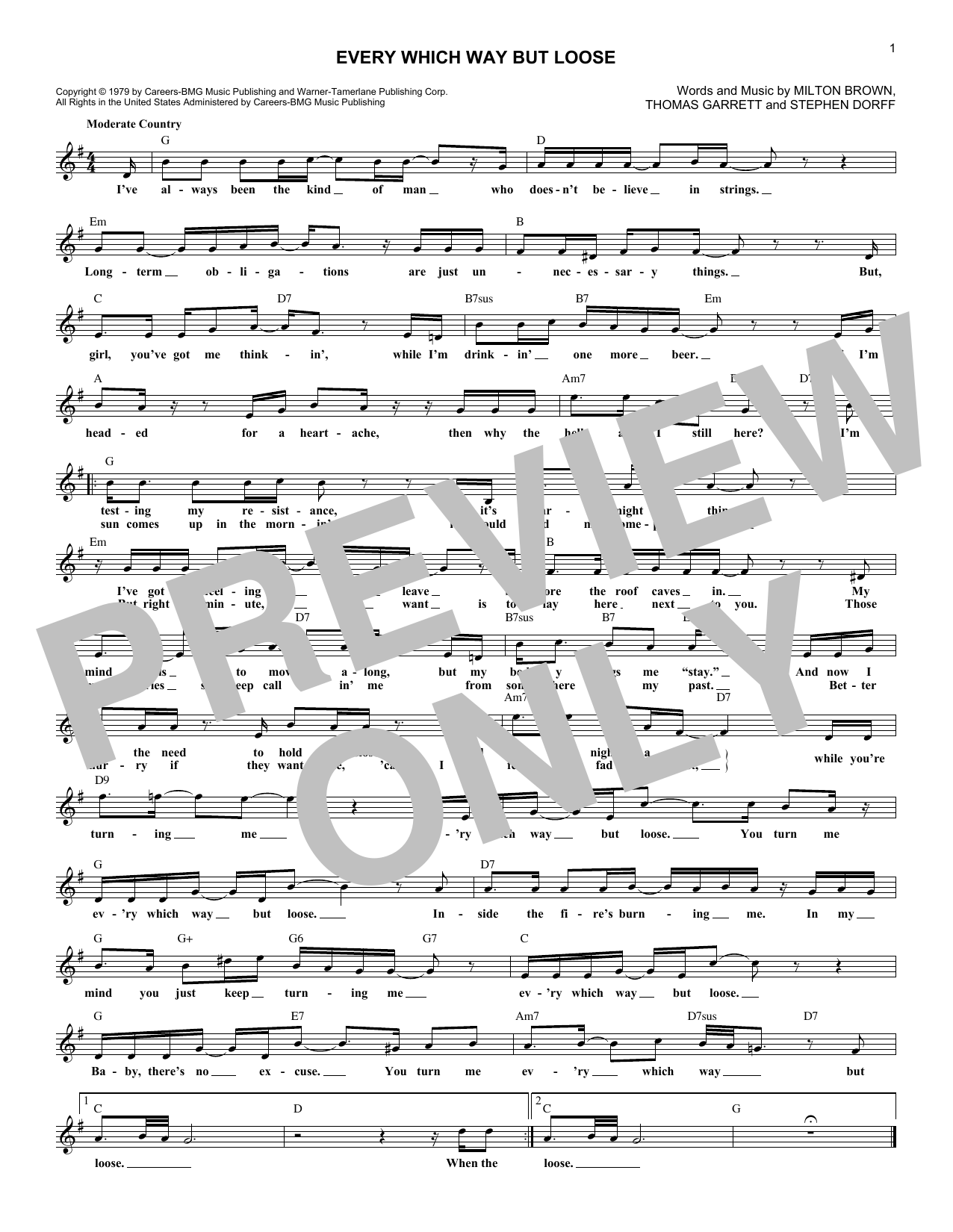 Eddie Rabbit Every Which Way But Loose sheet music notes and chords arranged for Real Book – Melody, Lyrics & Chords