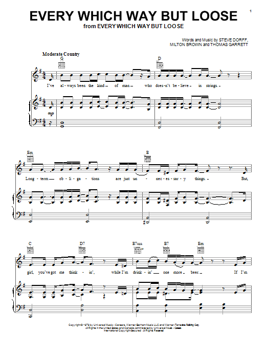 Eddie Rabbitt Every Which Way But Loose sheet music notes and chords arranged for Piano, Vocal & Guitar Chords (Right-Hand Melody)