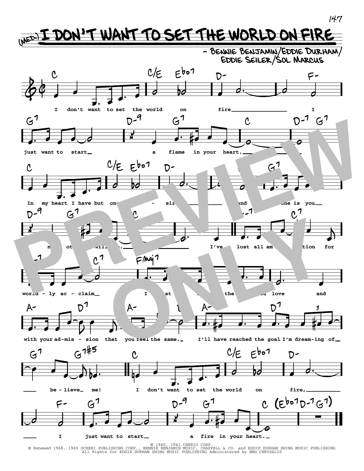 Eddie Seiler I Don't Want To Set The World On Fire (Low Voice) sheet music notes and chords arranged for Real Book – Melody, Lyrics & Chords