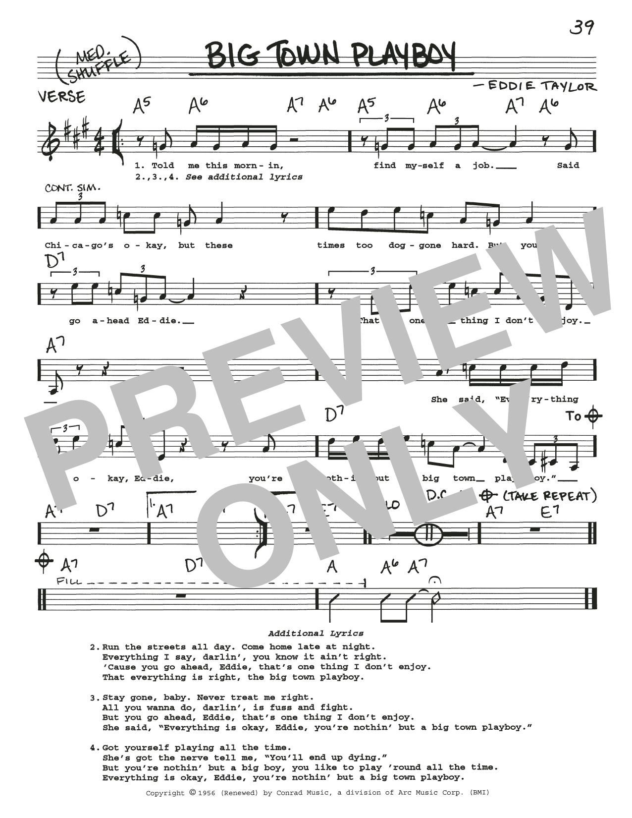 Eddie Taylor Big Town Playboy sheet music notes and chords arranged for Real Book – Melody, Lyrics & Chords