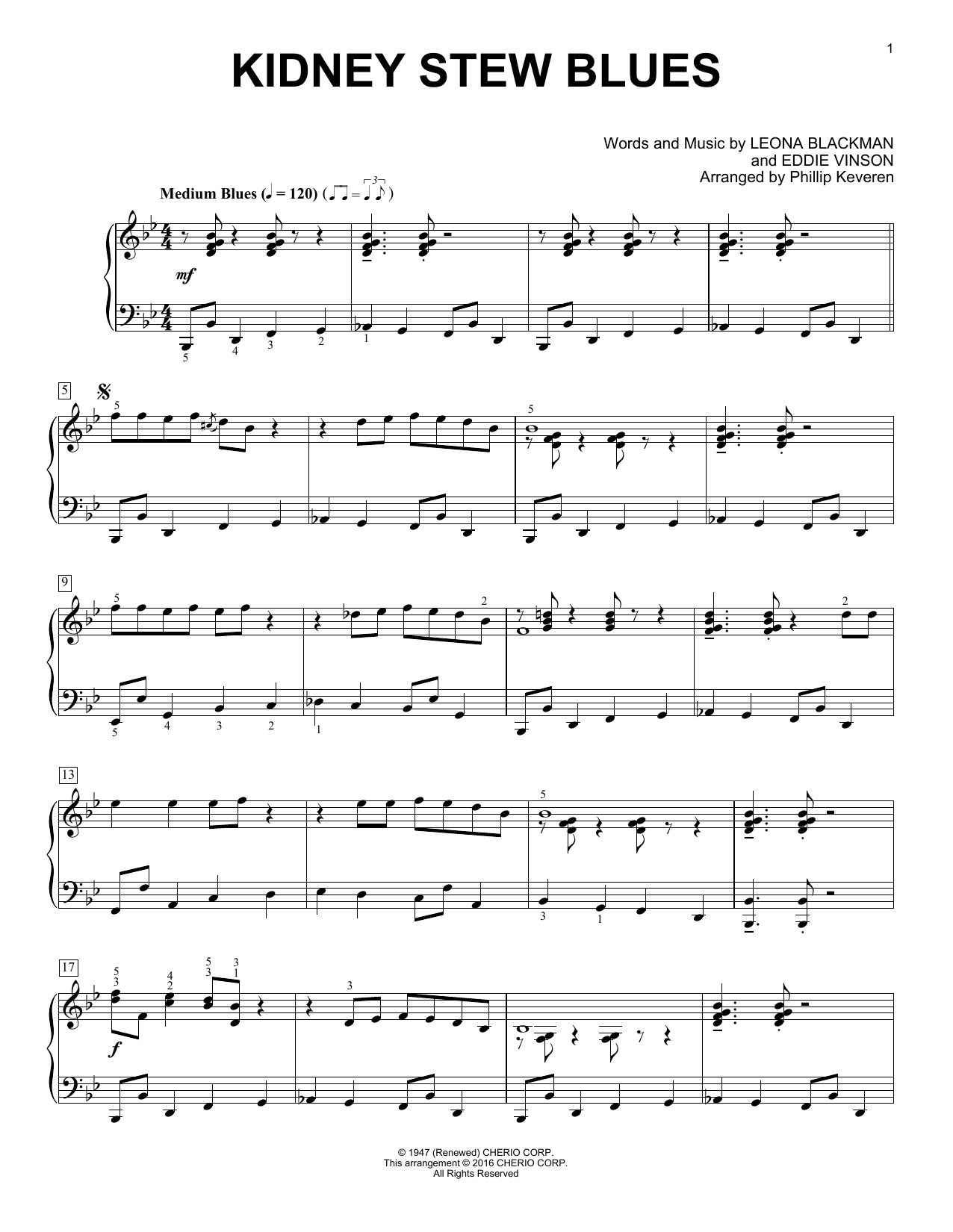 Eddie Vinson Kidney Stew Blues (arr. Phillip Keveren) sheet music notes and chords arranged for Piano Solo
