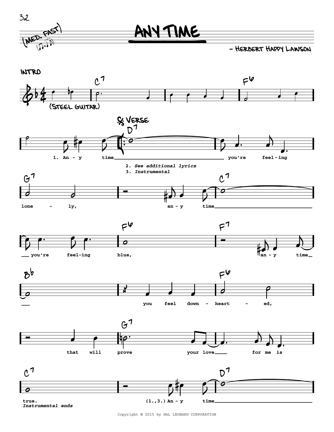 Eddy Arnold Any Time sheet music notes and chords arranged for Real Book – Melody, Lyrics & Chords