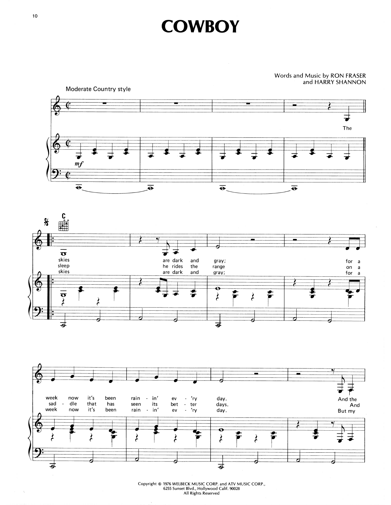 Eddy Arnold Cowboy sheet music notes and chords arranged for Piano, Vocal & Guitar Chords (Right-Hand Melody)