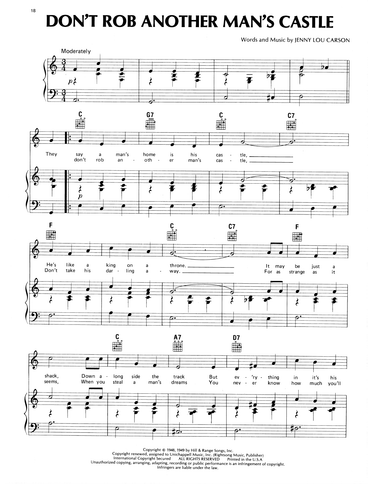 Eddy Arnold Don't Rob Another Man's Castle sheet music notes and chords arranged for Piano, Vocal & Guitar Chords (Right-Hand Melody)