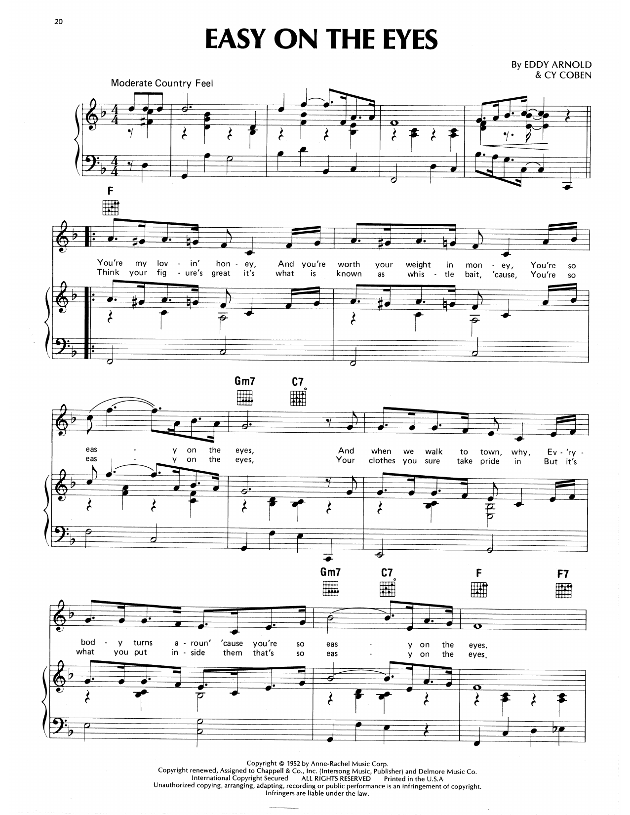 Eddy Arnold Easy On The Eyes sheet music notes and chords arranged for Piano, Vocal & Guitar Chords (Right-Hand Melody)