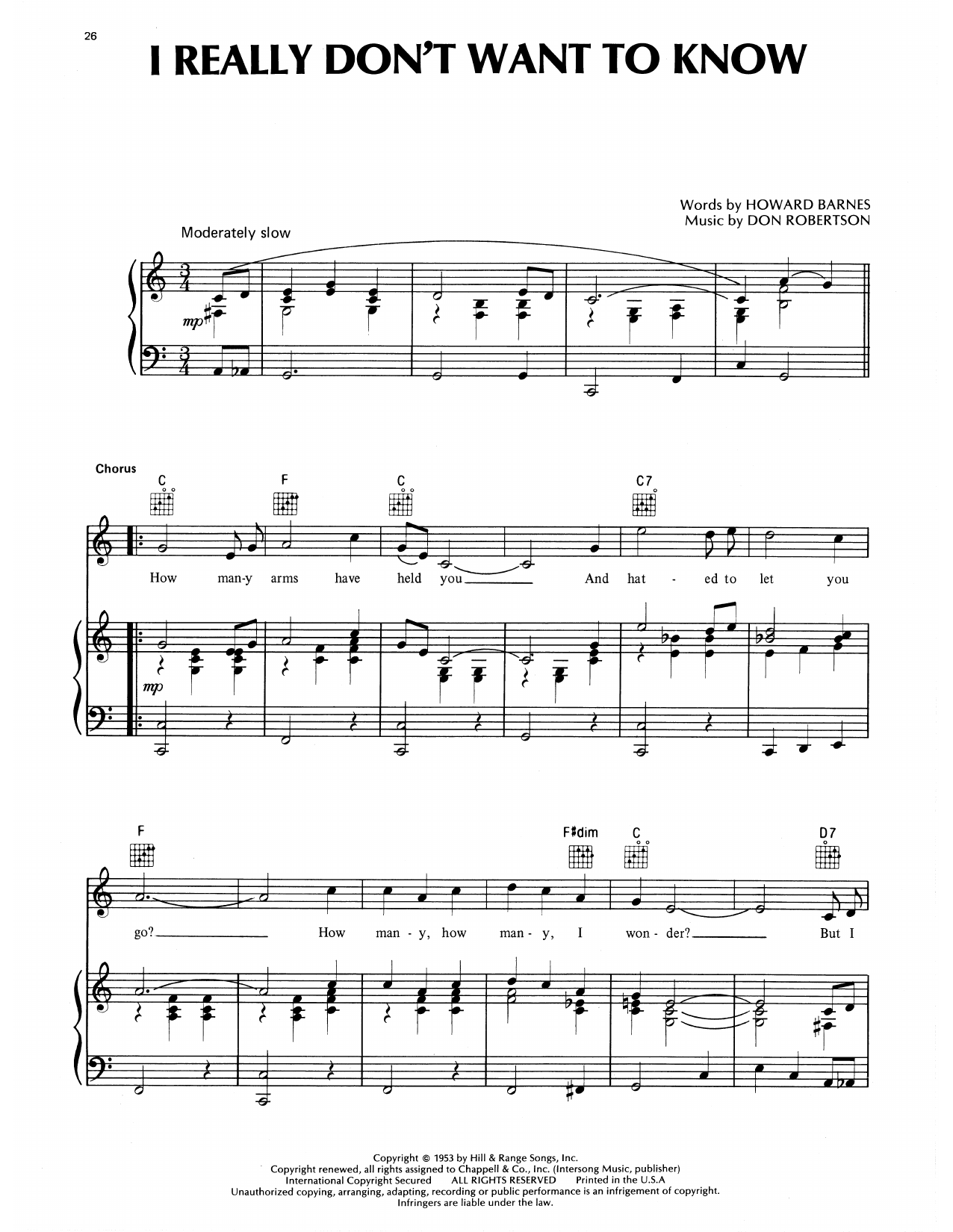 Eddy Arnold I Really Don't Want To Know sheet music notes and chords arranged for Piano, Vocal & Guitar Chords (Right-Hand Melody)