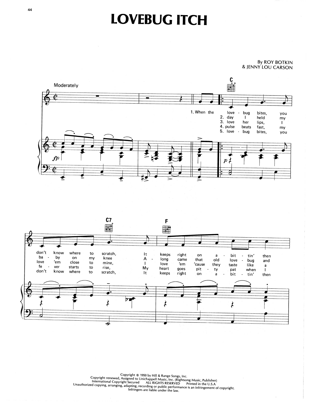 Eddy Arnold Lovebug Itch sheet music notes and chords arranged for Piano, Vocal & Guitar Chords (Right-Hand Melody)