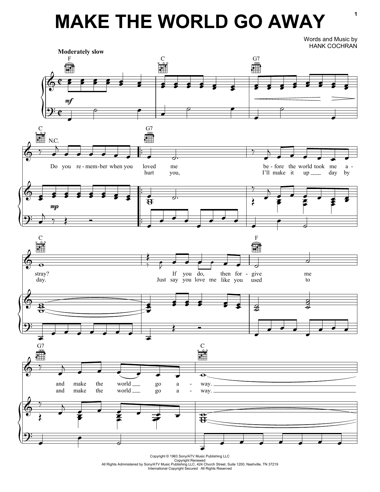 Eddy Arnold Make The World Go Away sheet music notes and chords arranged for Piano Chords/Lyrics