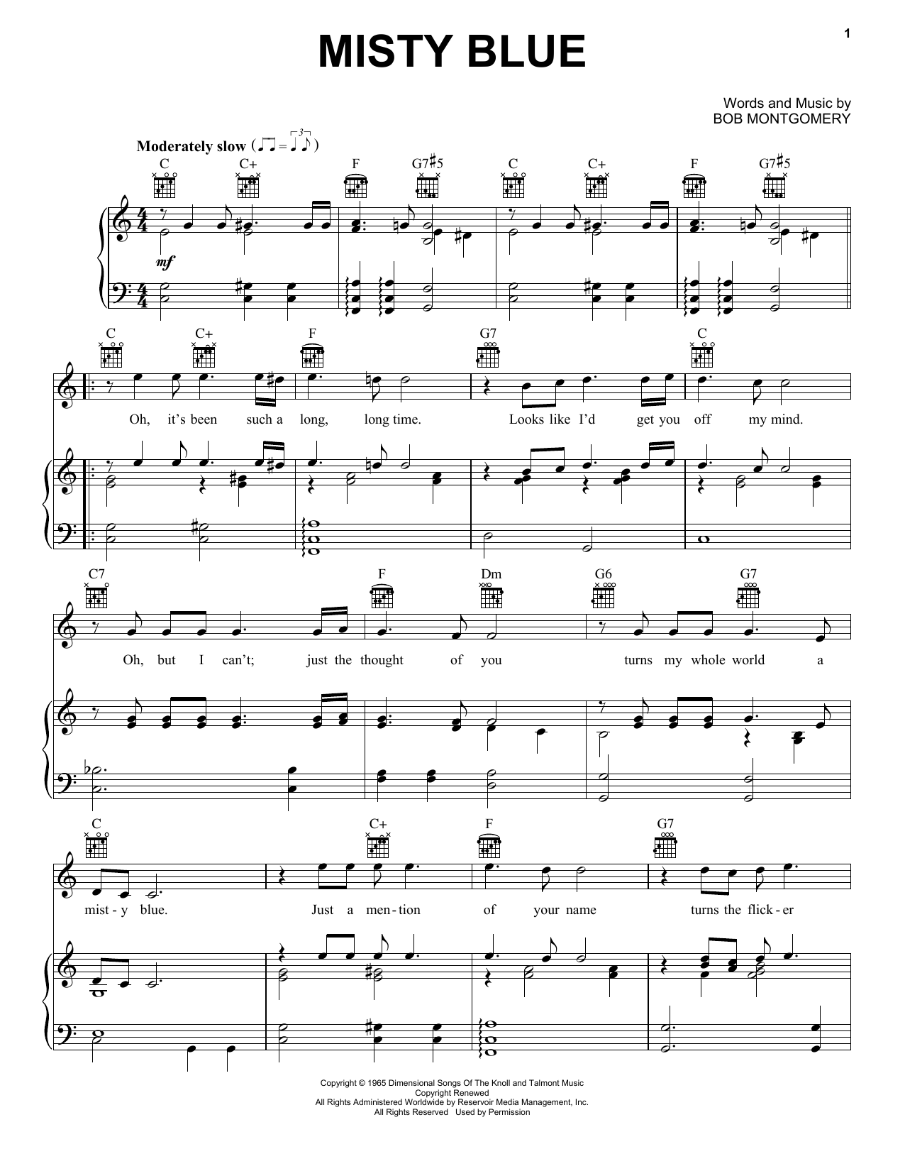 Eddy Arnold Misty Blue sheet music notes and chords arranged for Piano, Vocal & Guitar Chords (Right-Hand Melody)