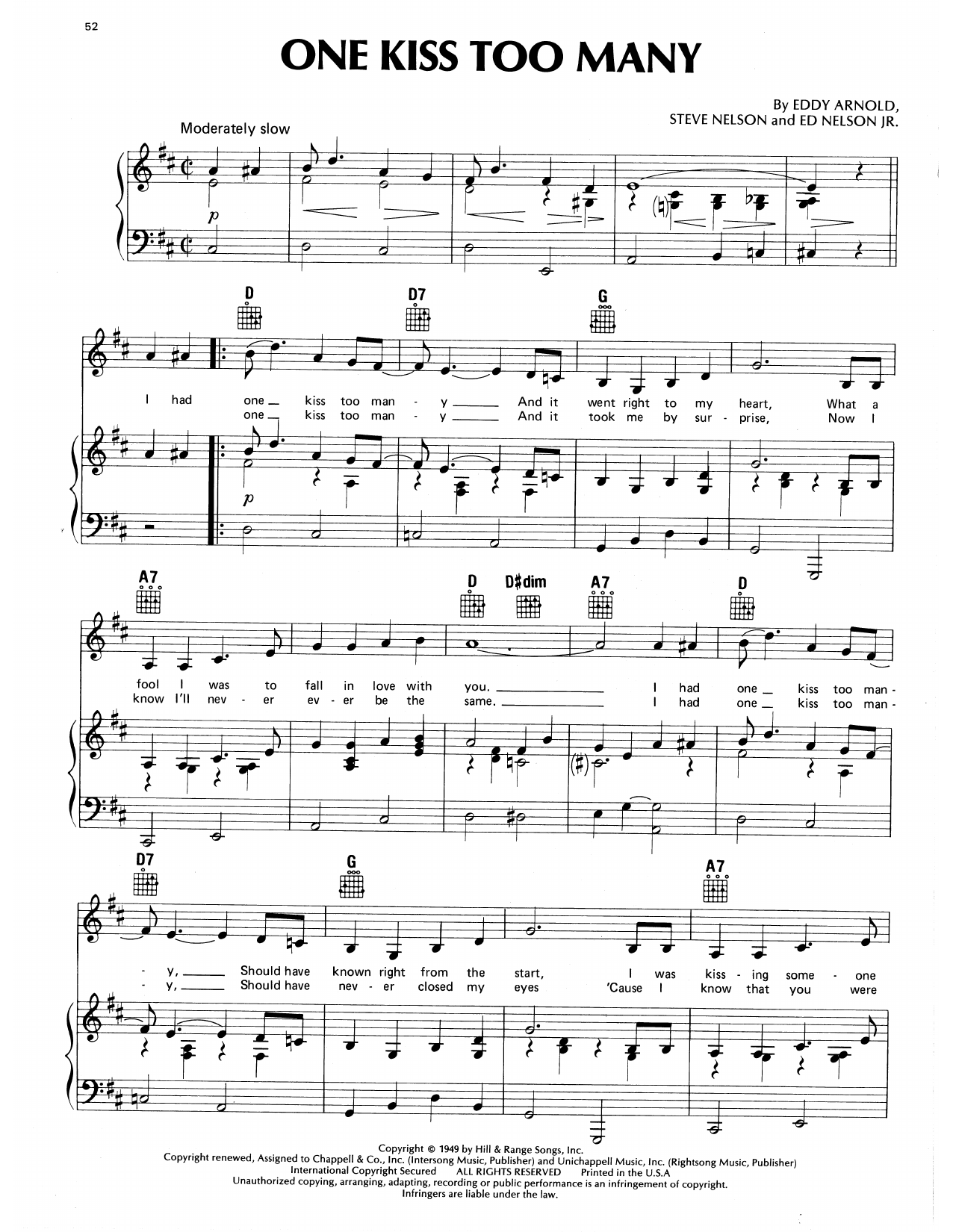 Eddy Arnold One Kiss Too Many sheet music notes and chords arranged for Piano, Vocal & Guitar Chords (Right-Hand Melody)